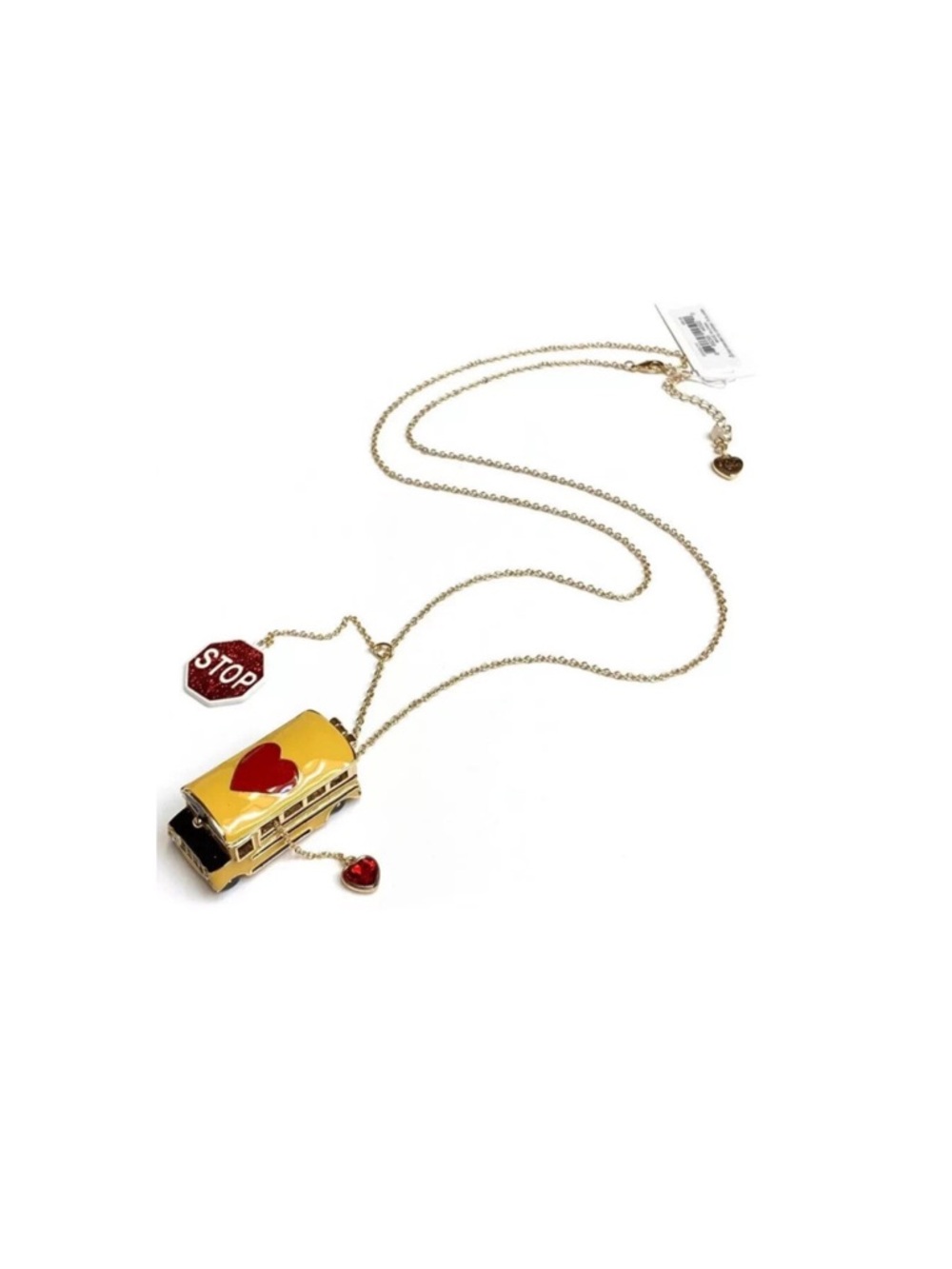 Betsey Johnson BACK TO SCHOOL Gold Tone Yellow Bus Heart Locket Long Nec…
